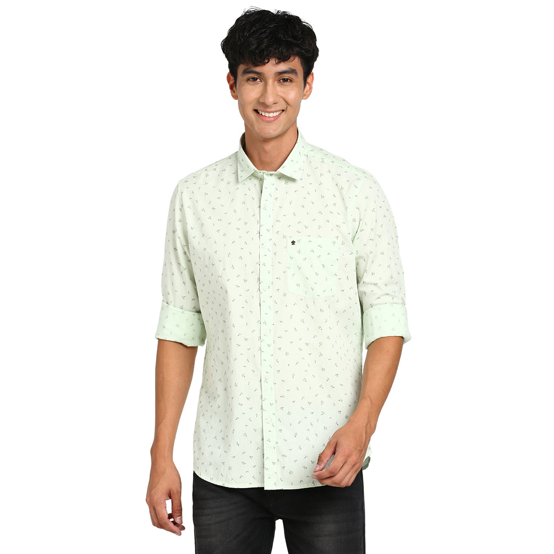 100% Cotton Green Printed Slim Fit Full Sleeve Casual Shirt