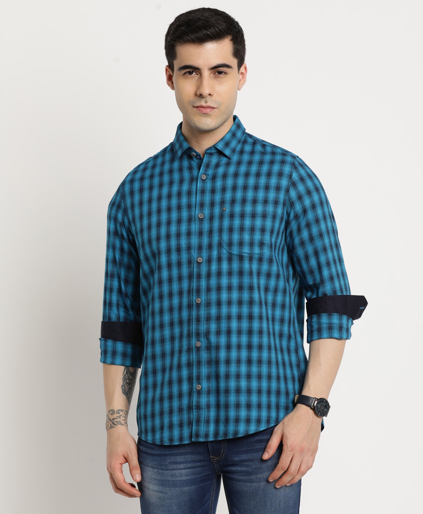 100% Cotton Teal Blue Checkered Slim Fit Full Sleeve Casual Shirt