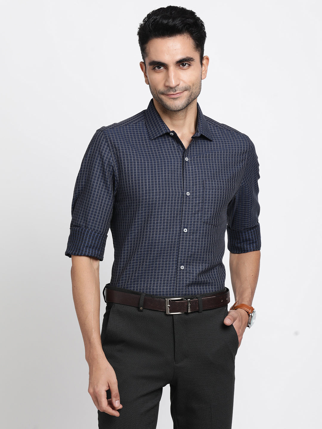 Giza Cotton Navy Blue Checkered Slim Fit Full Sleeve Formal Shirt