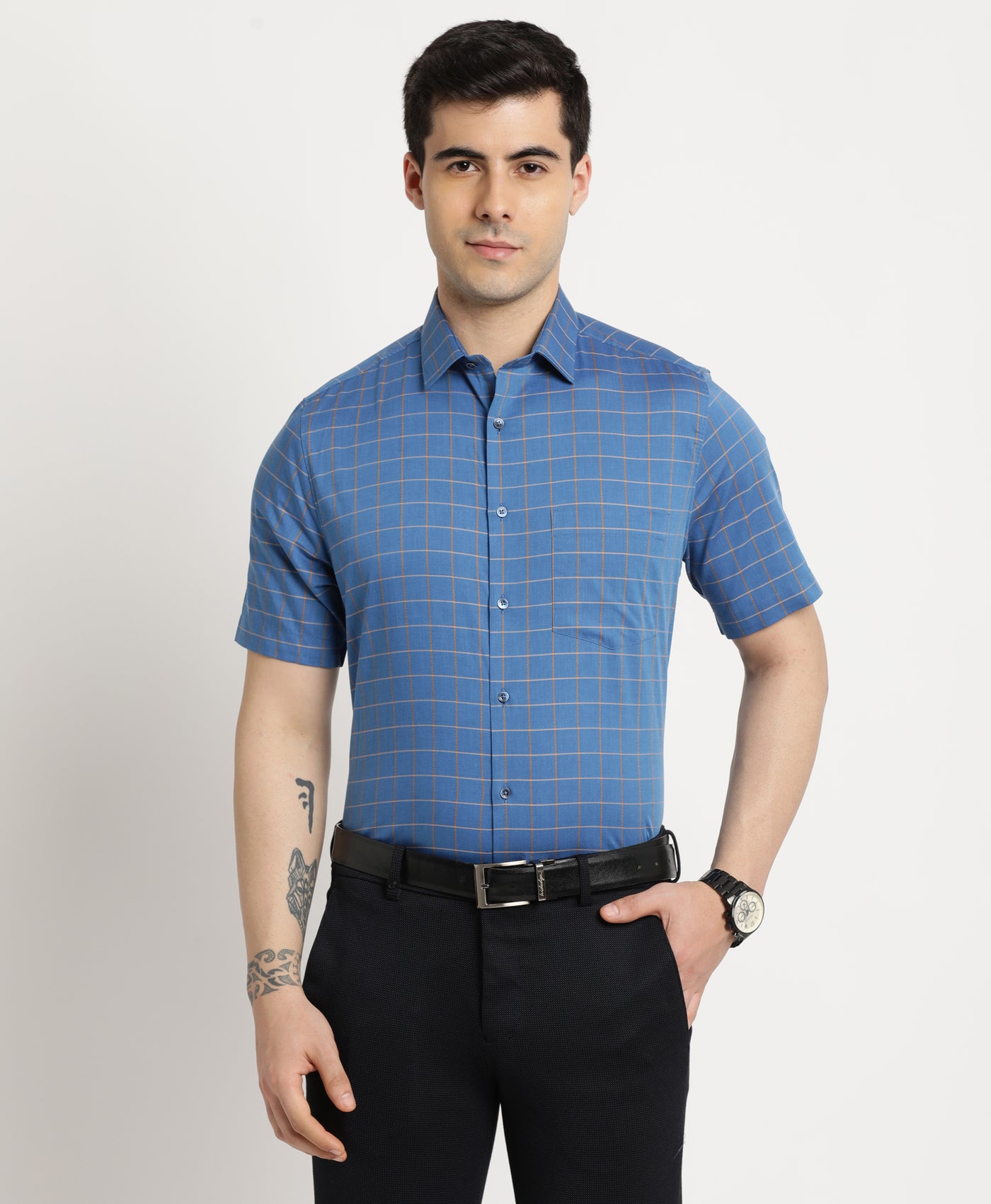 100% Cotton Blue Checkered Regular Fit Half Sleeve Formal Shirt