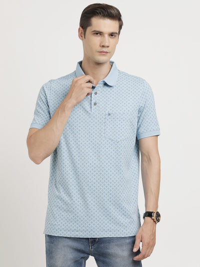Cotton Stretch Blue Printed Polo Neck Half Sleeve Casual T-Shirt