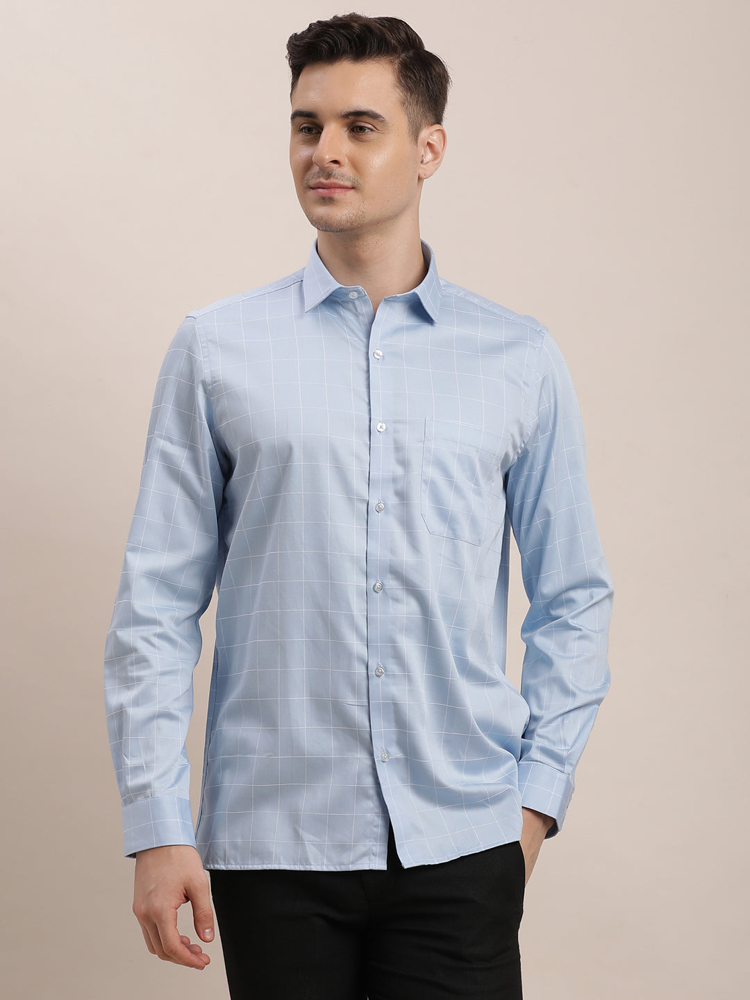 100% Cotton Light Blue Checkered Regular Fit Full Sleeve Formal Shirt