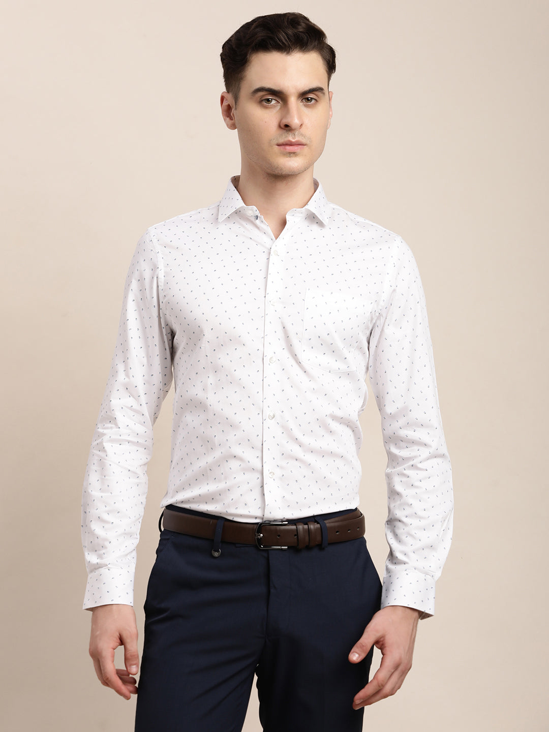 100% Cotton White Printed Slim Fit Full Sleeve Formal Shirt