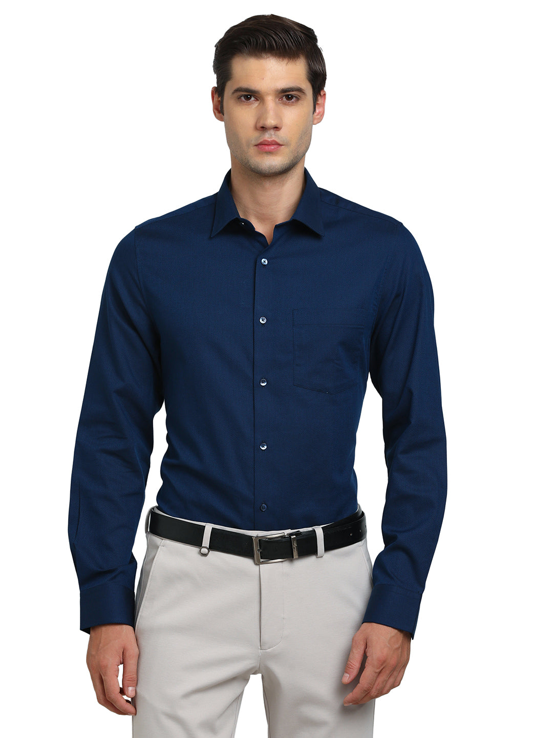 100% Cotton Indigo Blue Dobby Slim Fit Full Sleeve Formal Shirt