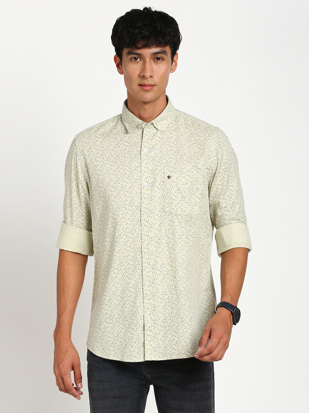 100% Cotton Beige Printed Slim Fit Full Sleeve Casual Shirt