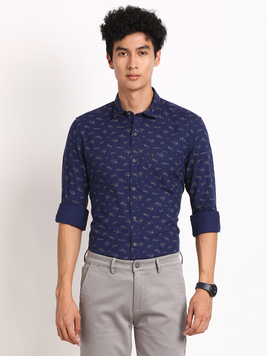 100% Cotton Navy Blue Printed Slim Fit Full Sleeve Casual Shirt