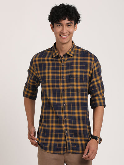 Turtle Men Cotton Blend Navy Blue Checkered Slim Fit Casual Shirts