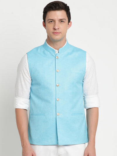 Turtle Men Light Blue Solid Nehru Jacket