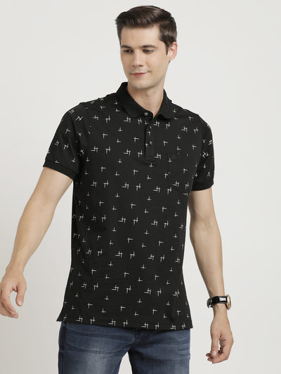 Cotton Stretch Black Printed Polo Neck Half Sleeve Casual T-Shirt