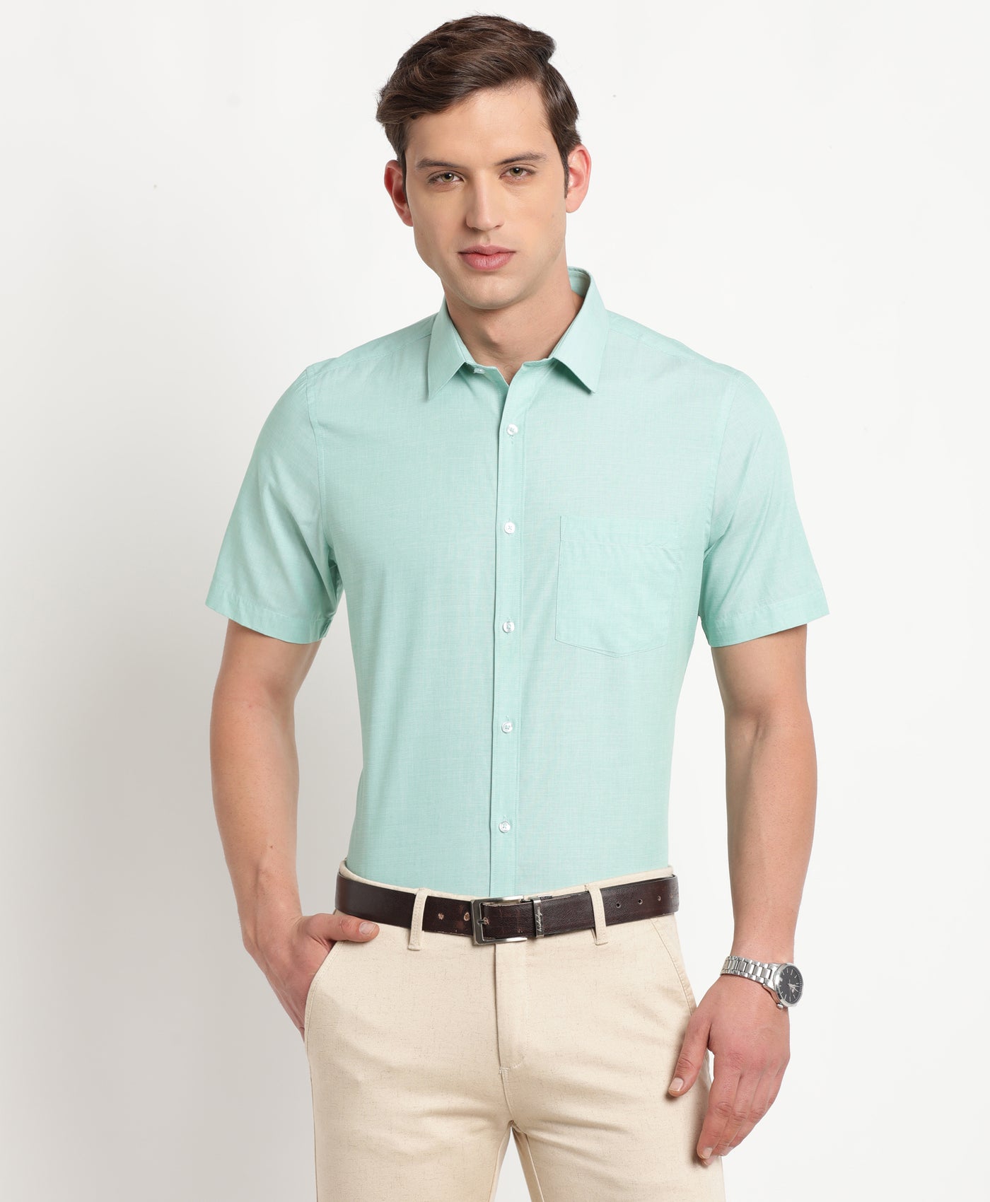 100% Cotton Sea Green Plain Regular Fit Half Sleeve Formal Shirt