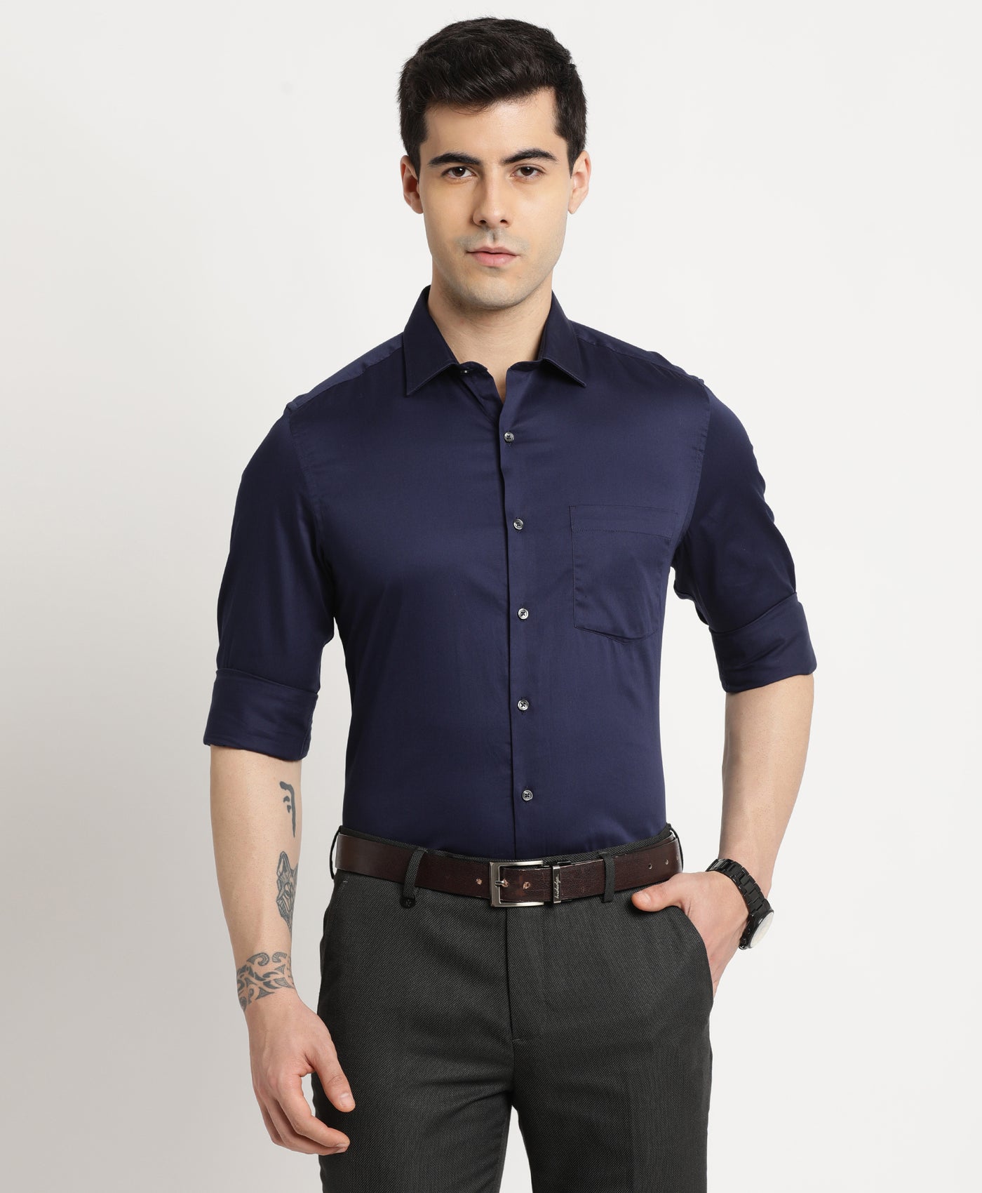 100% Cotton Navy Blue Plain Slim Fit Full Sleeve Formal Shirt