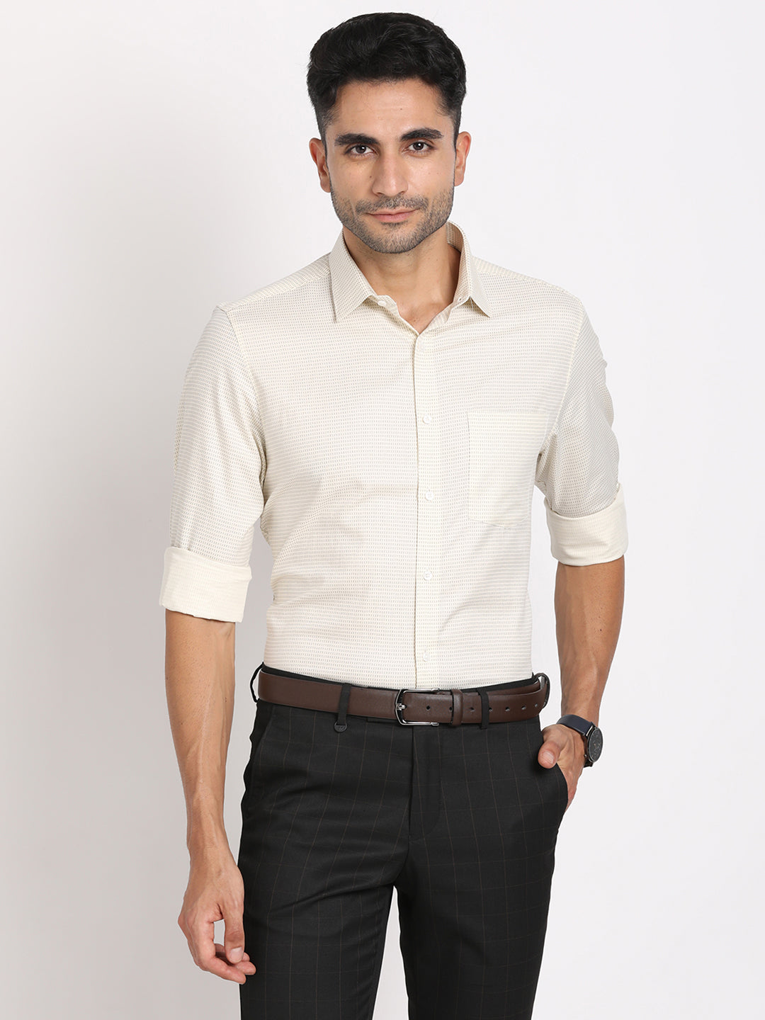 Cotton Tencel Cream Printed Slim Fit Full Sleeve Formal Shirt