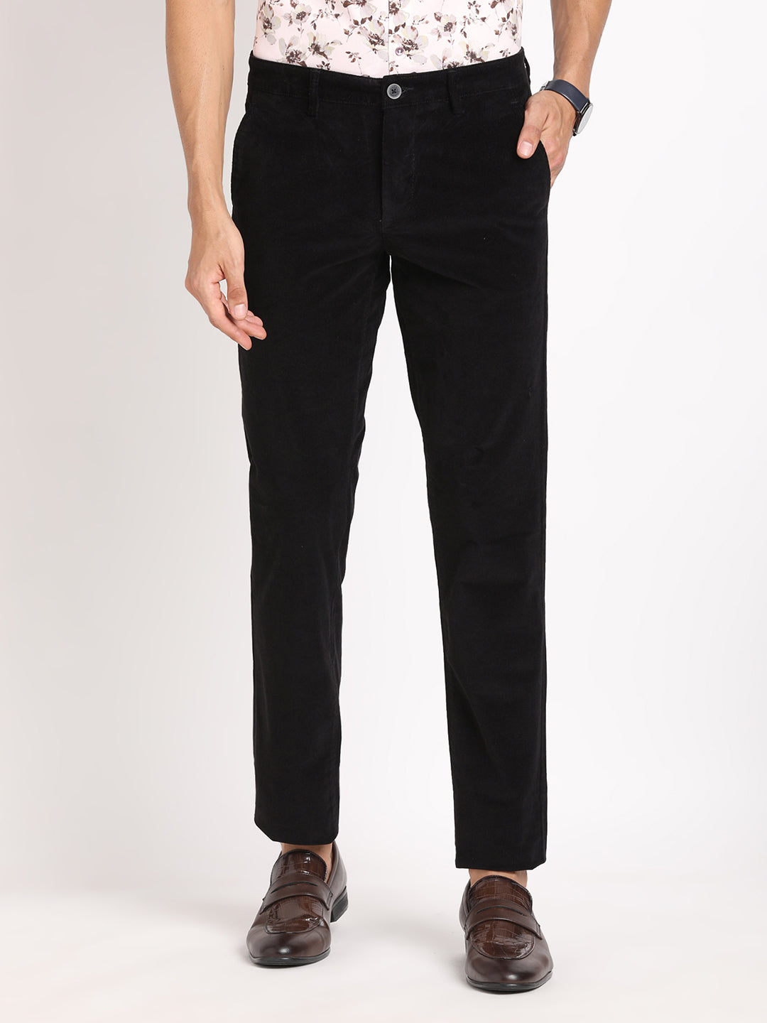 Cord Black Plain Ultra Slim Fit Flat Front Casual Trouser