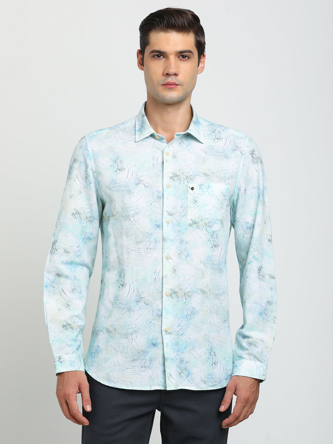 Cotton Linen Sky Blue Printed Slim Fit Full Sleeve Casual Shirt