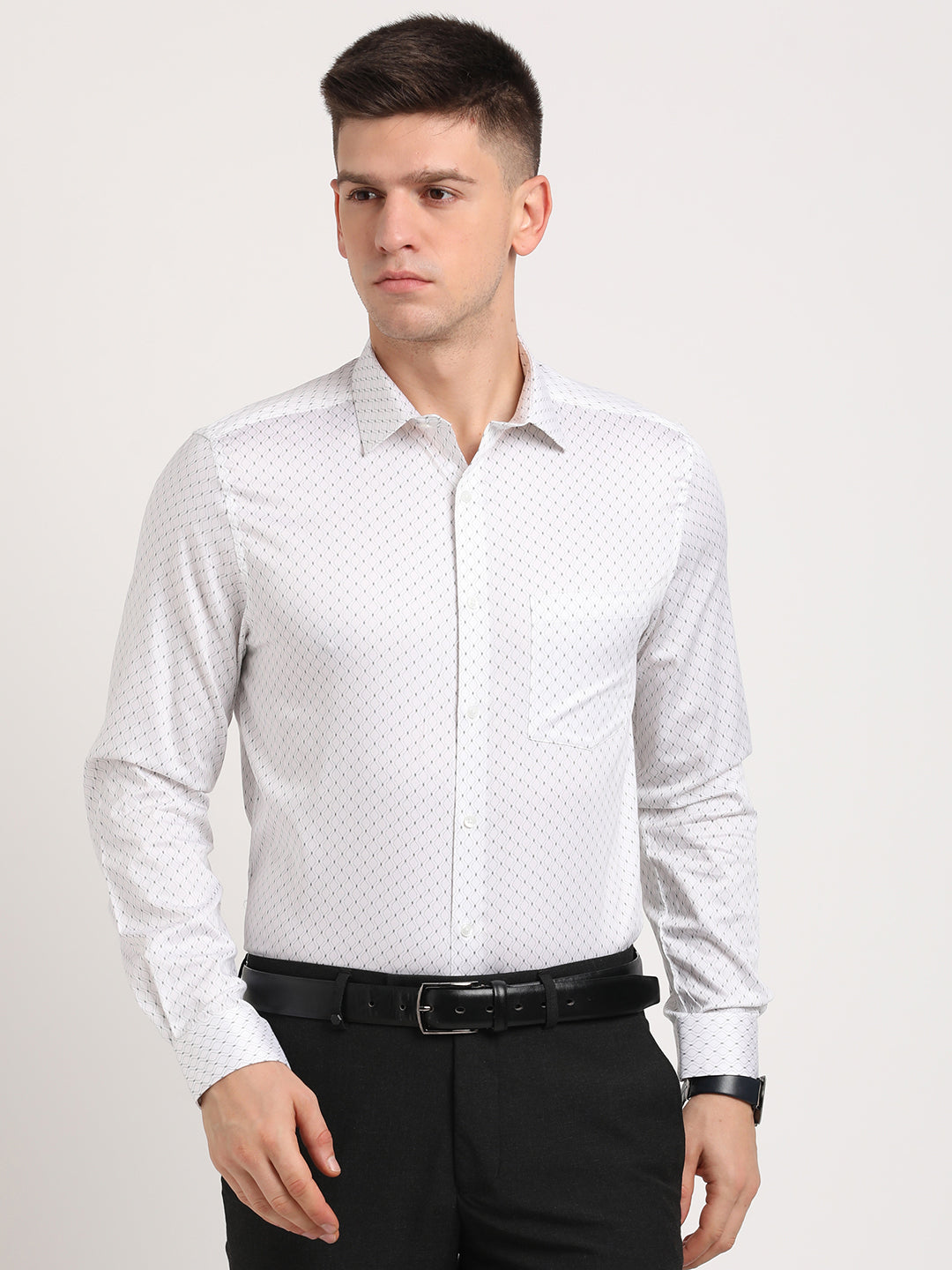 100% Cotton White Printed Slim Fit Full Sleeve Formal Shirt