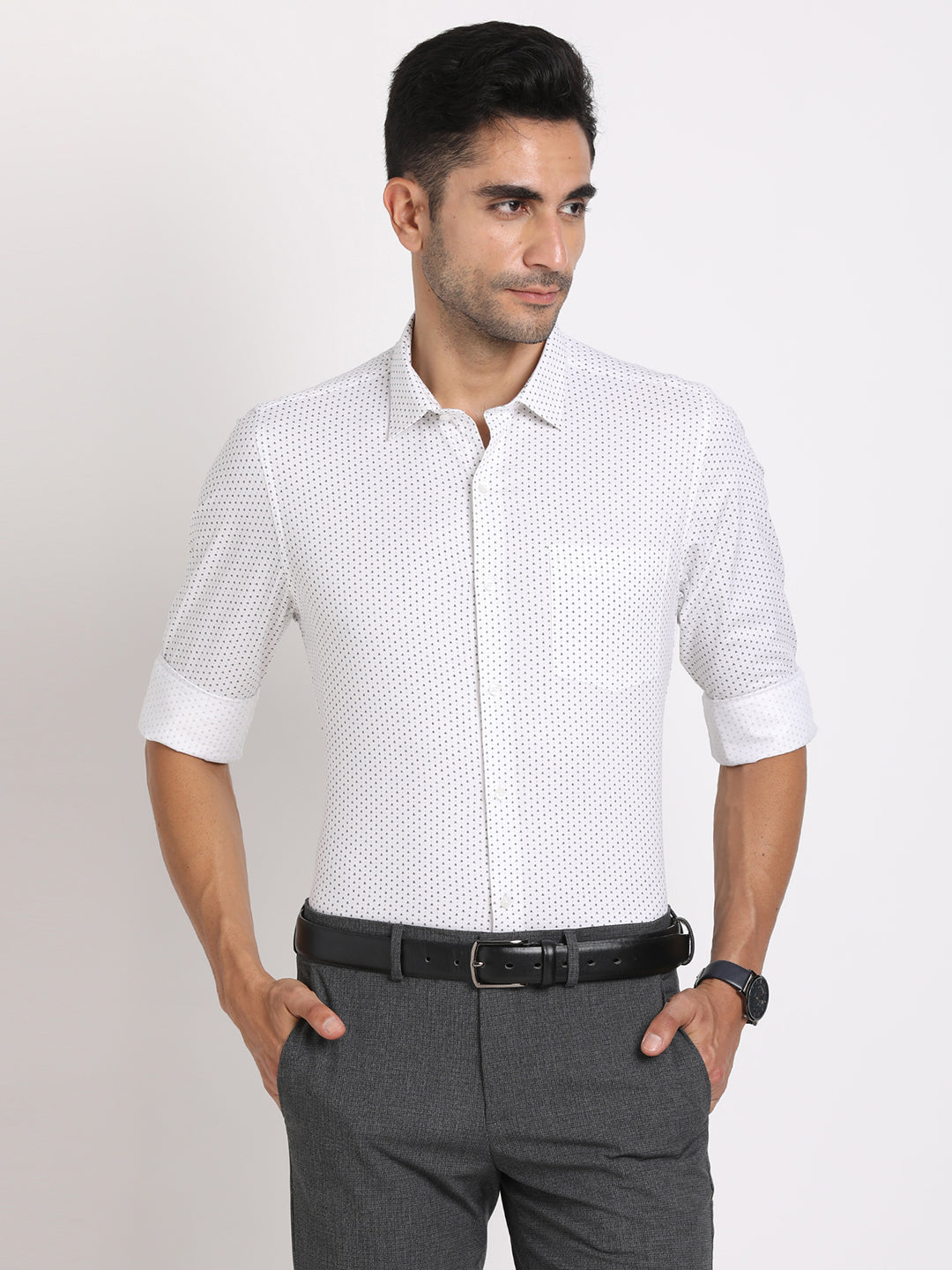 Cotton Tencel White Printed Slim Fit Full Sleeve Formal Shirt