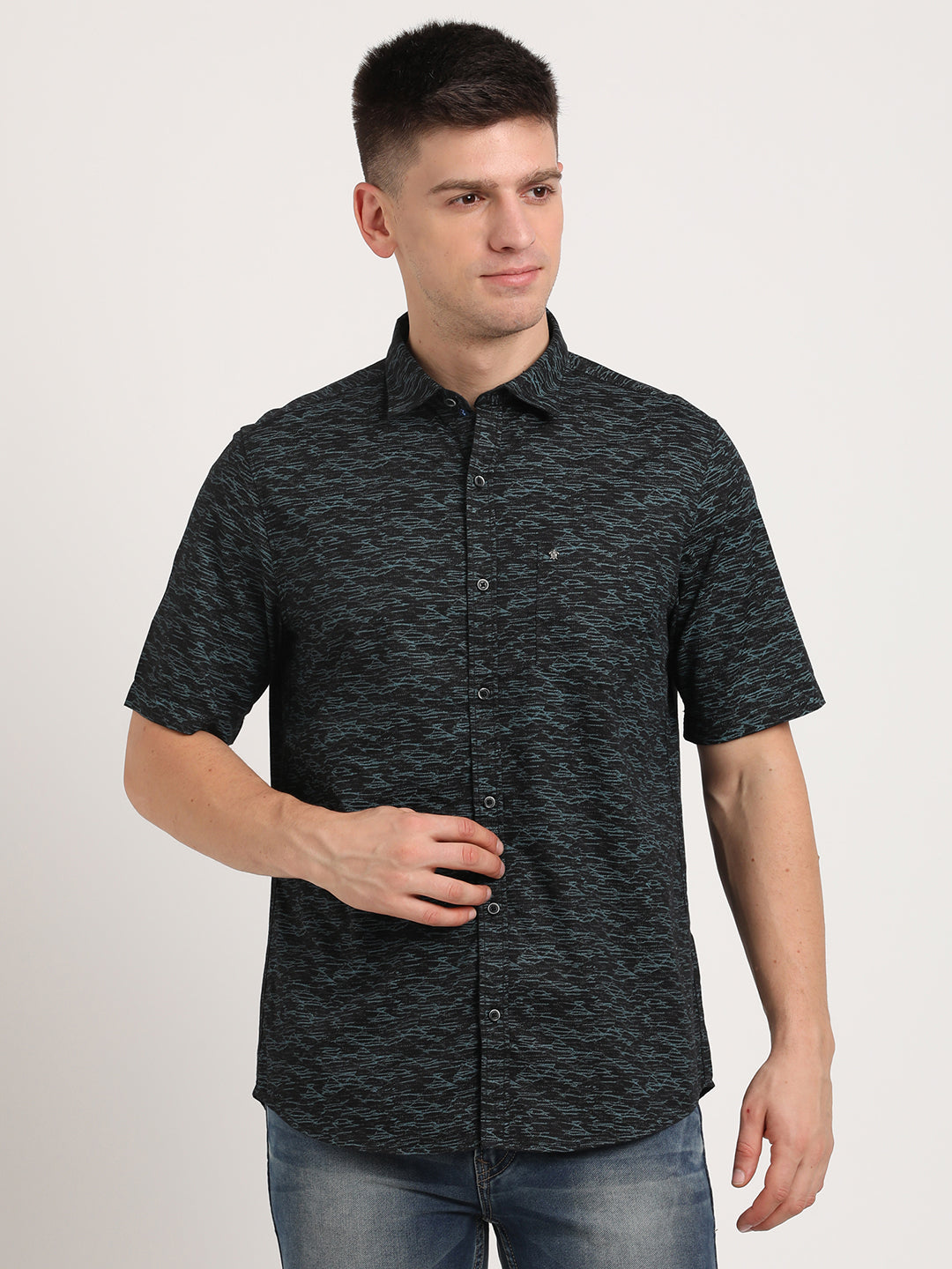 100% Cotton Navy Blue Printed Slim Fit Half Sleeve Casual Shirt