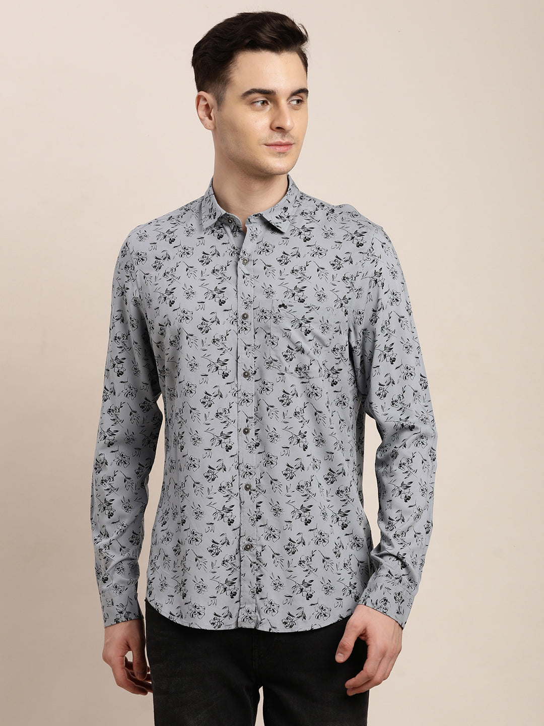 100% Viscose Grey Printed Slim Fit Full Sleeve Casual Shirt