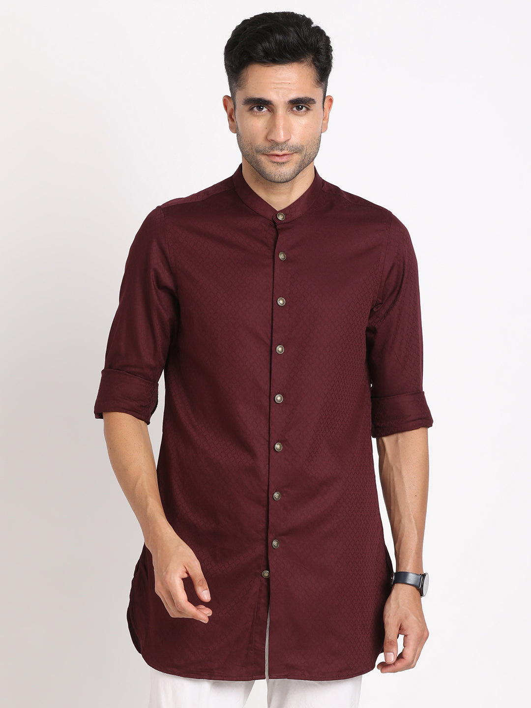 100% Cotton Maroon Jacquard Kurta Full Sleeve Ceremonial Shirt