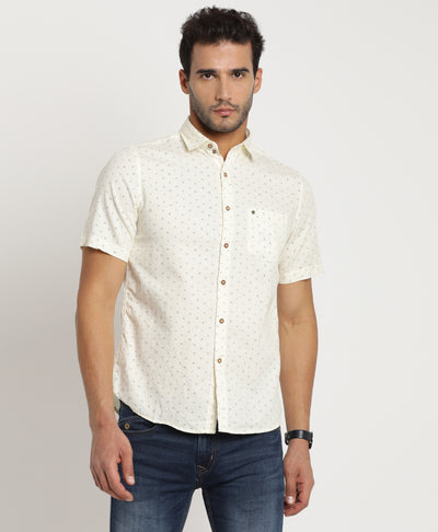 Cotton Linen Off White Printed Slim Fit Full Sleeve Casual Shirt