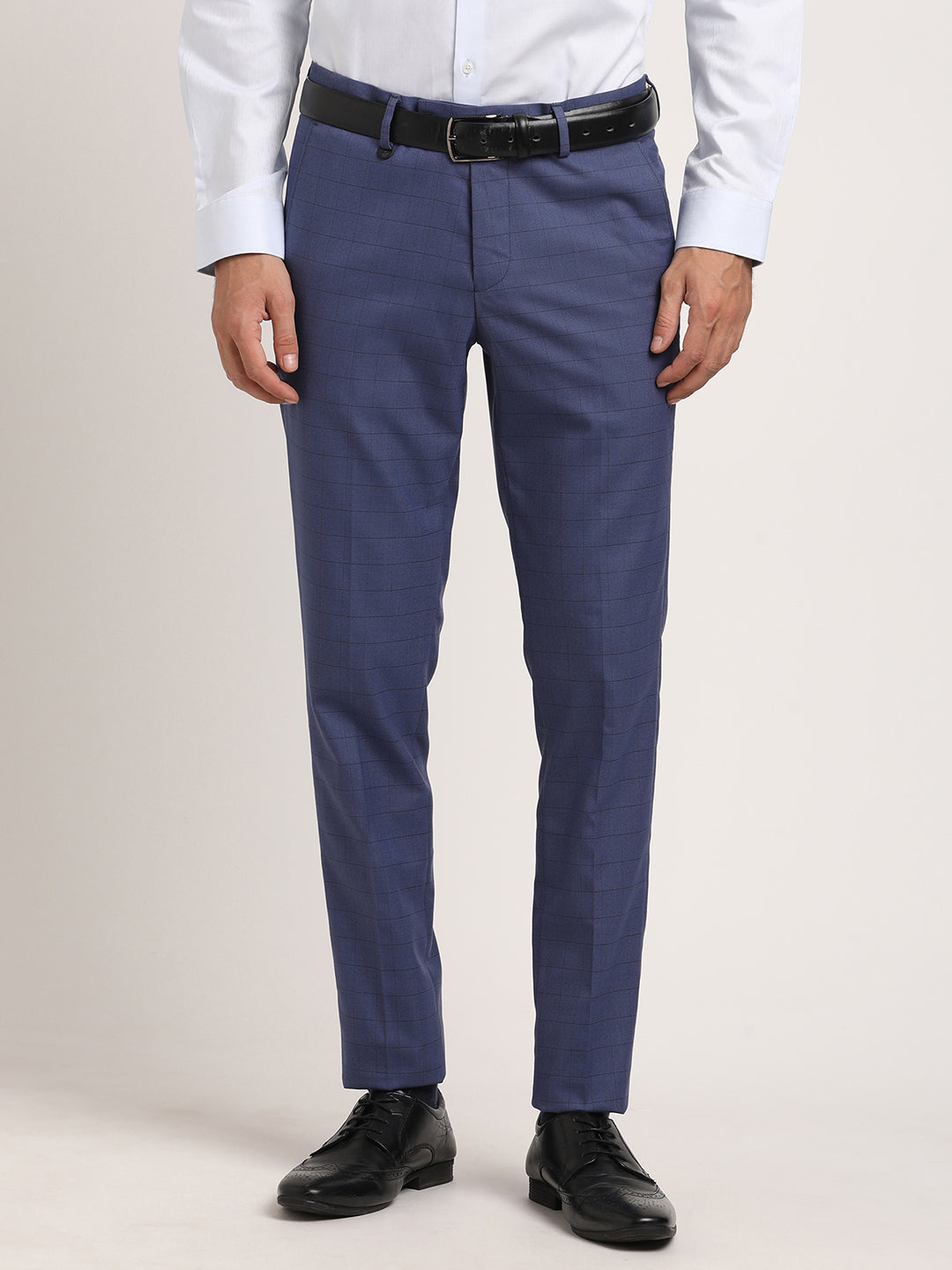 Poly Viscose Blue Checkered Ultra Slim Fit Flat Front Formal Trouser