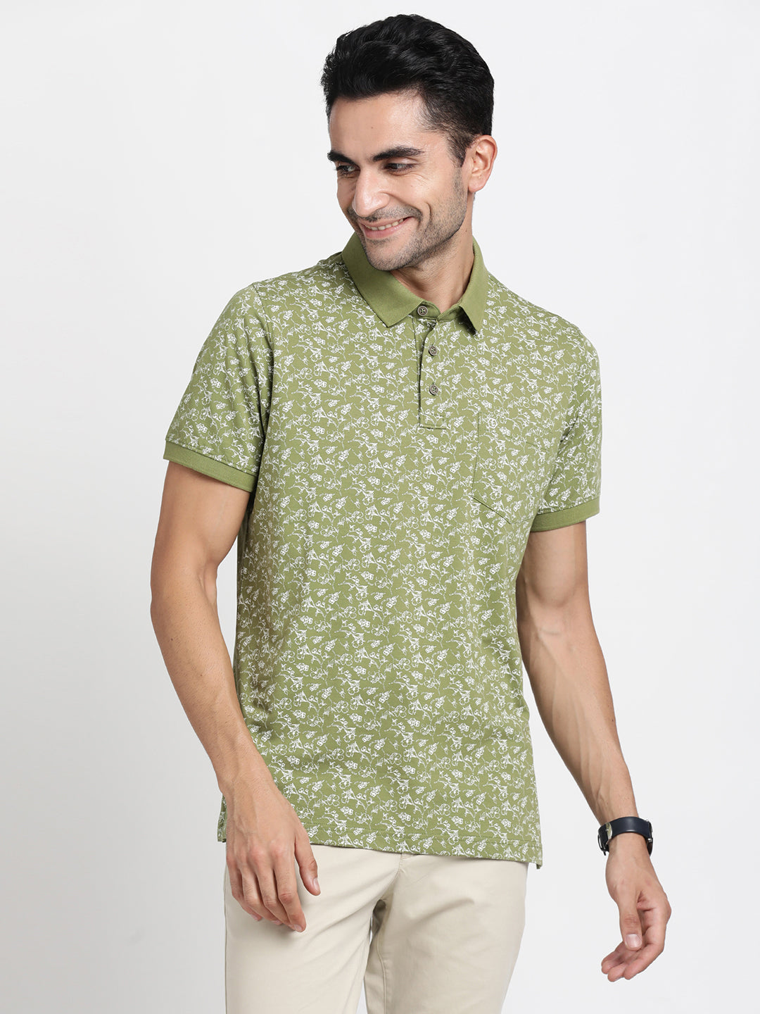Cotton Stretch Green Printed Polo Neck Half Sleeve Casual T-Shirt