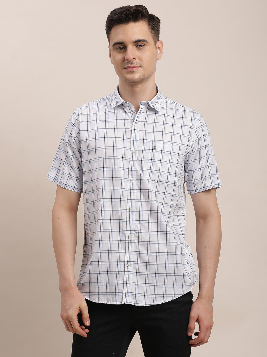 100% Cotton White Checkered Slim Fit Half Sleeve Casual Shirt