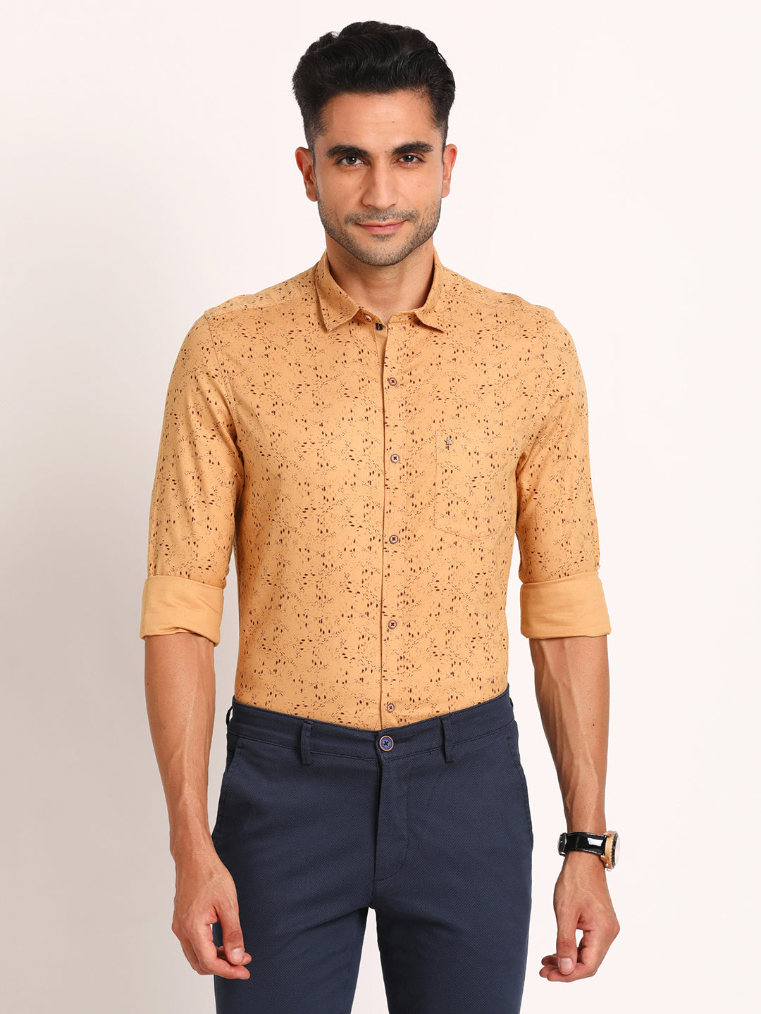 100% Cotton Mustard Printed Slim Fit Full Sleeve Casual Shirt