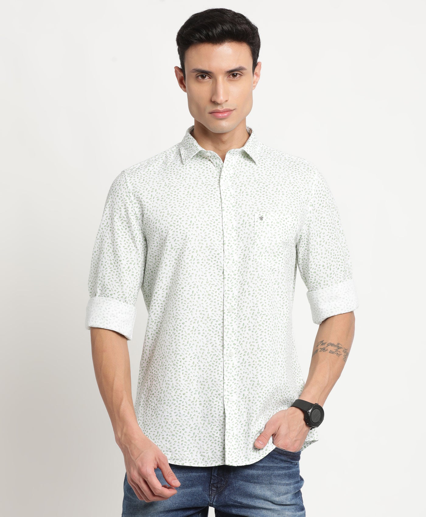 Cotton Linen Sea Green Printed Slim Fit Full Sleeve Casual Shirt