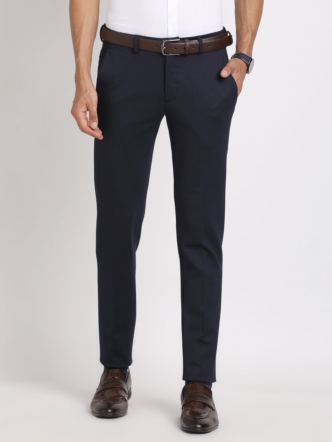 Knitted Navy Blue Dobby Slim Fit Flat Front Ceremonial Trouser