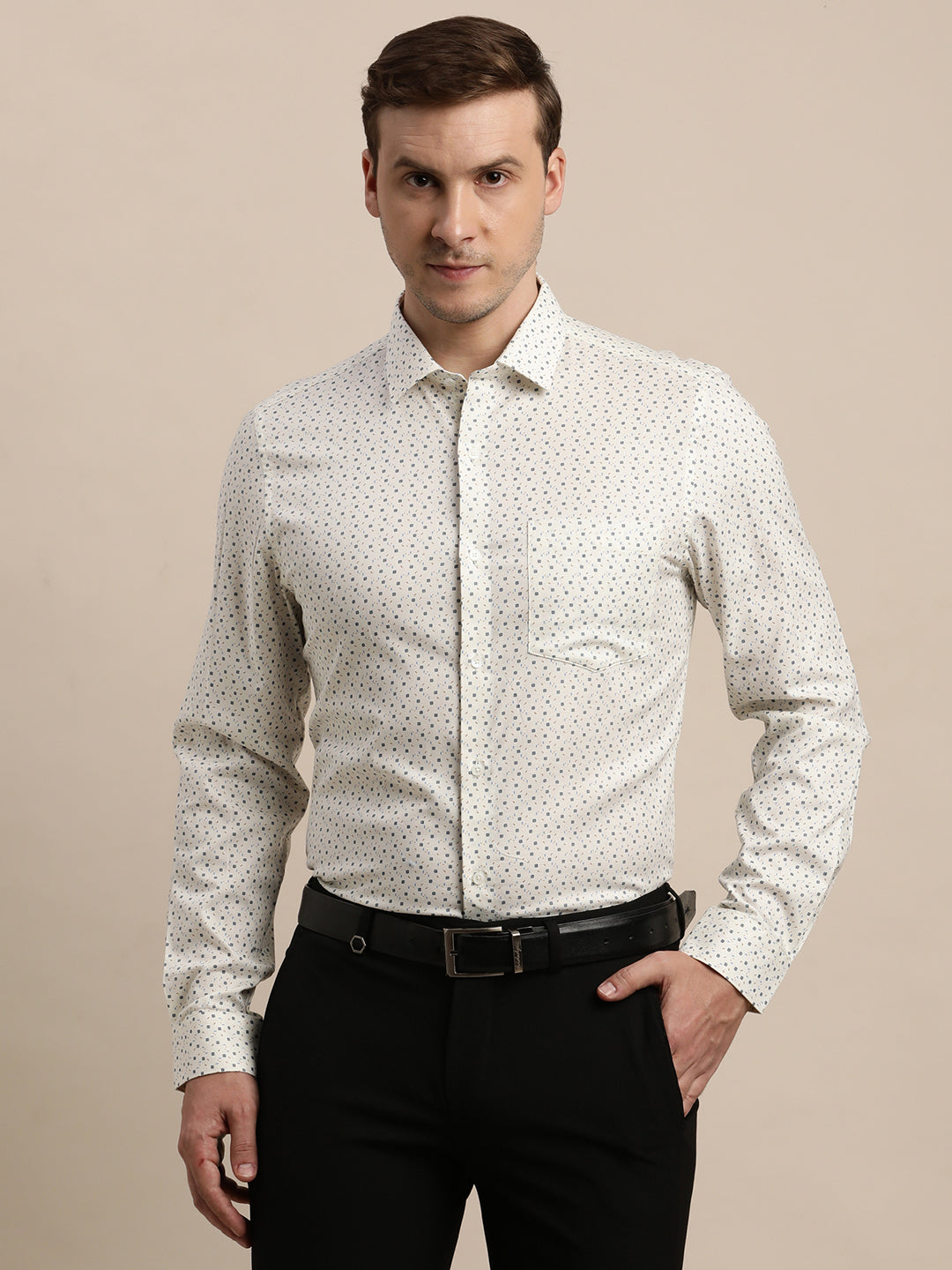 100% Cotton Cream Printed Slim Fit Full Sleeve Formal Shirt