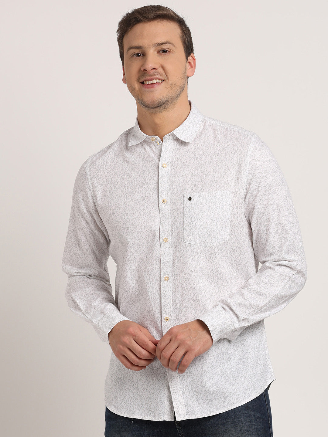 100% Cotton Off White Printed Slim Fit Full Sleeve Casual Shirt