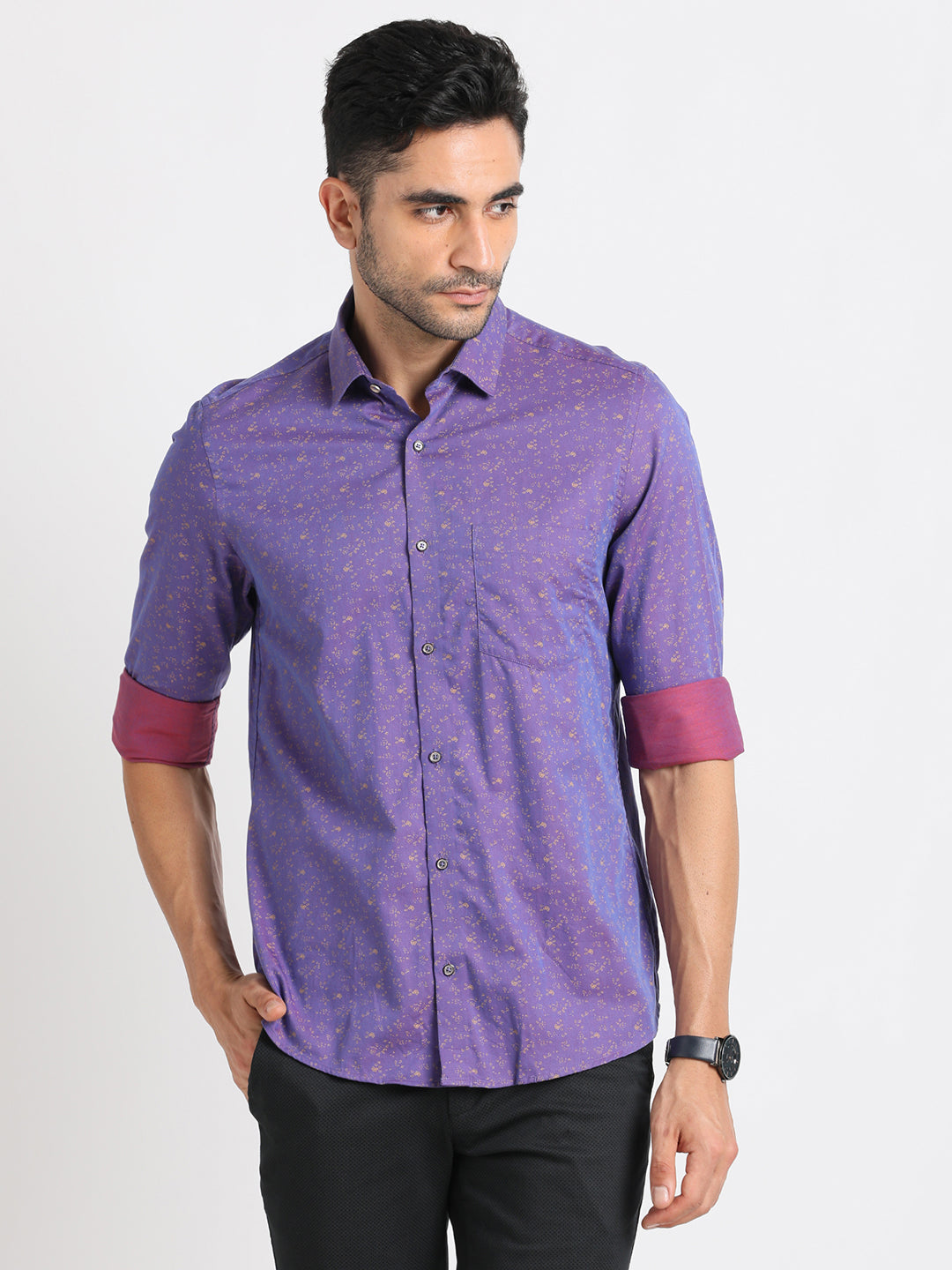 100% Cotton Purple Printed Slim Fit Full Sleeve Ceremonial Shirt