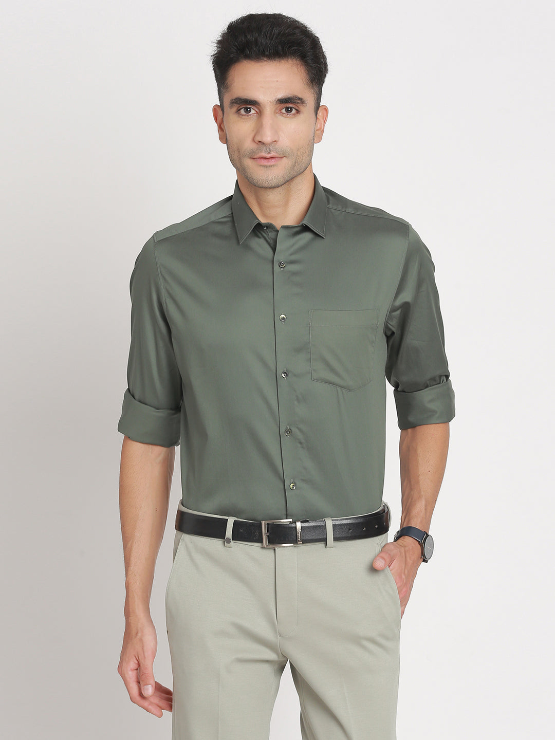 100% Cotton Dark Green Plain Slim Fit Full Sleeve Formal Shirt