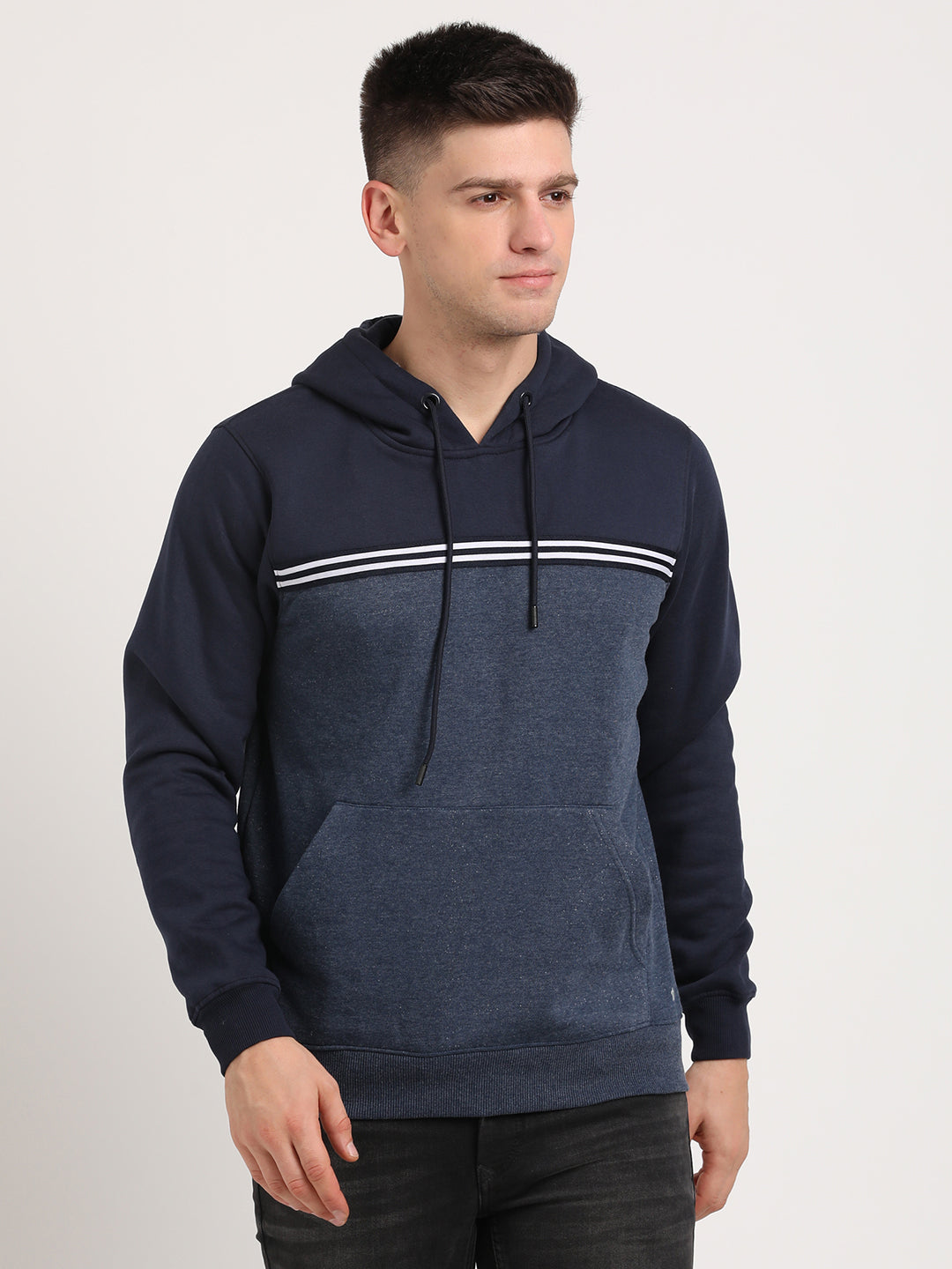 Cotton Stretch Navy Plain Regular Fit Full Sleeve Casual Hoodie Sweatshirt