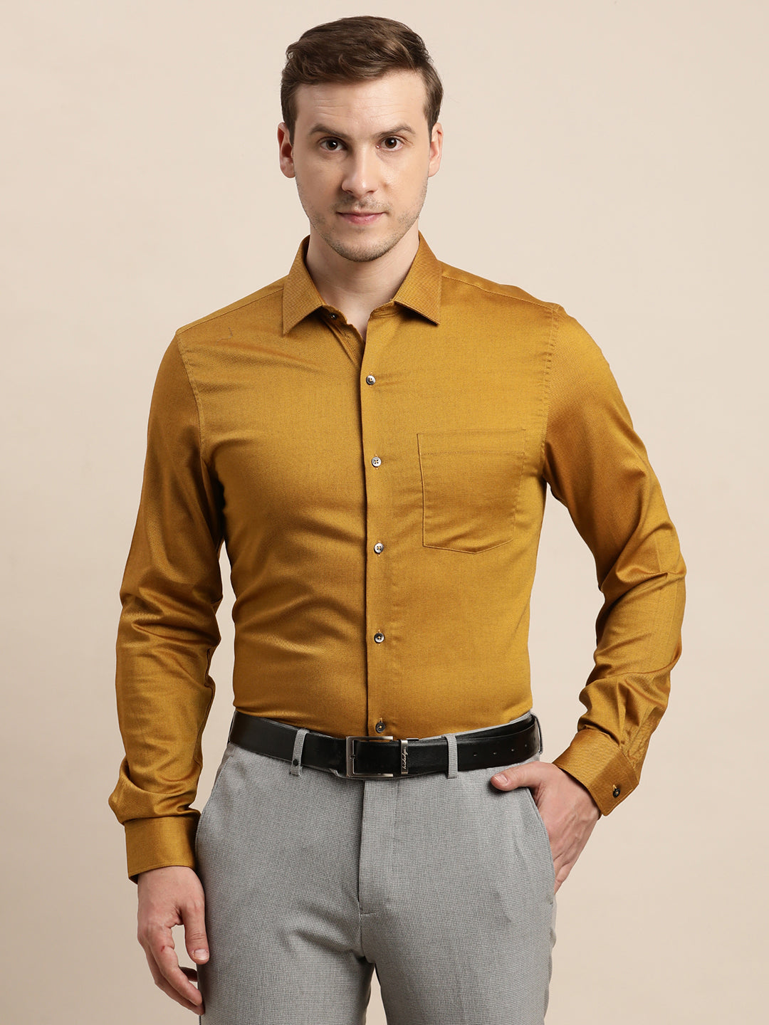 100% Cotton Mustard Dobby Slim Fit Full Sleeve Formal Shirt