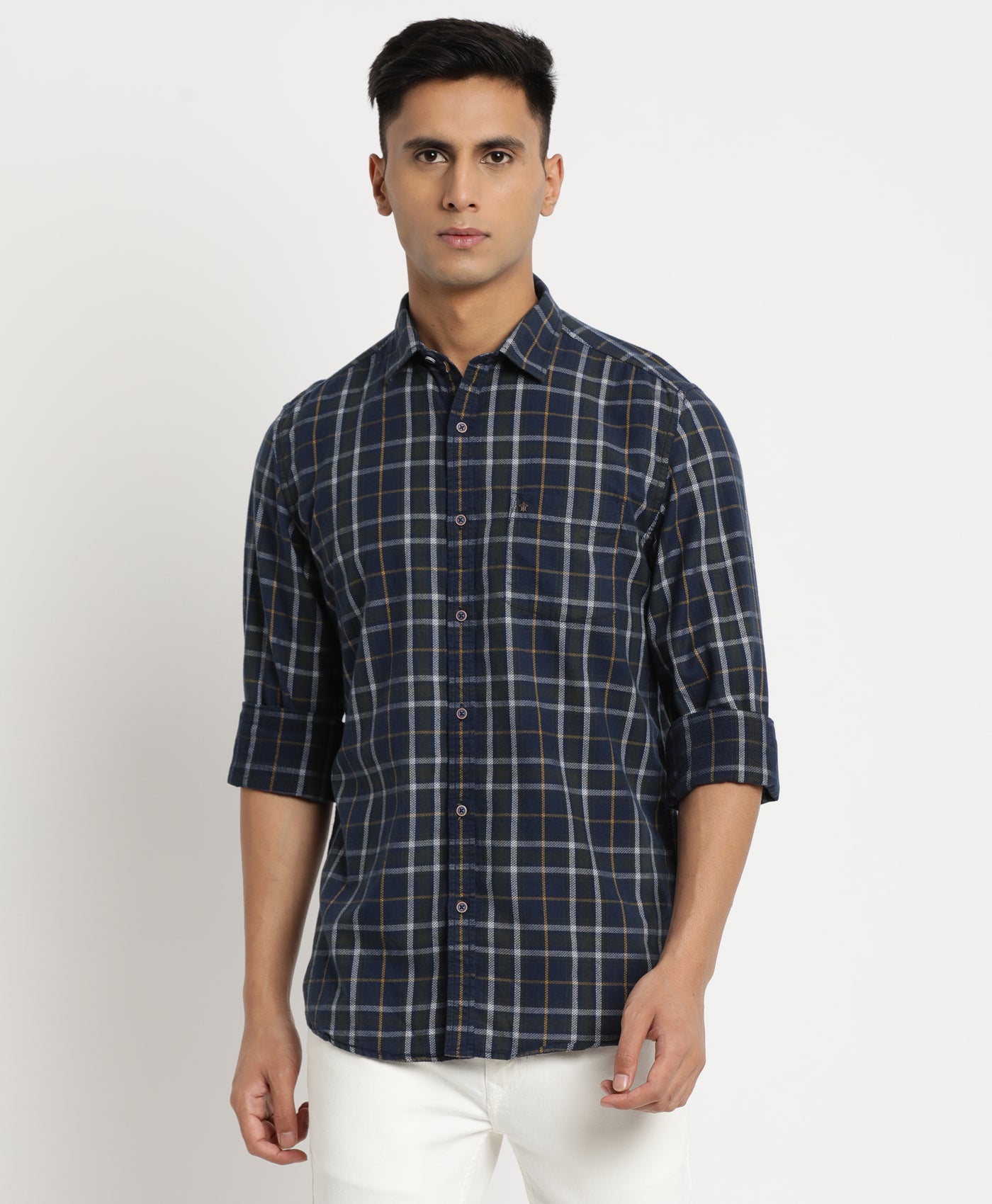 Cord Navy Blue Checkered Slim Fit Full Sleeve Casual Shirt