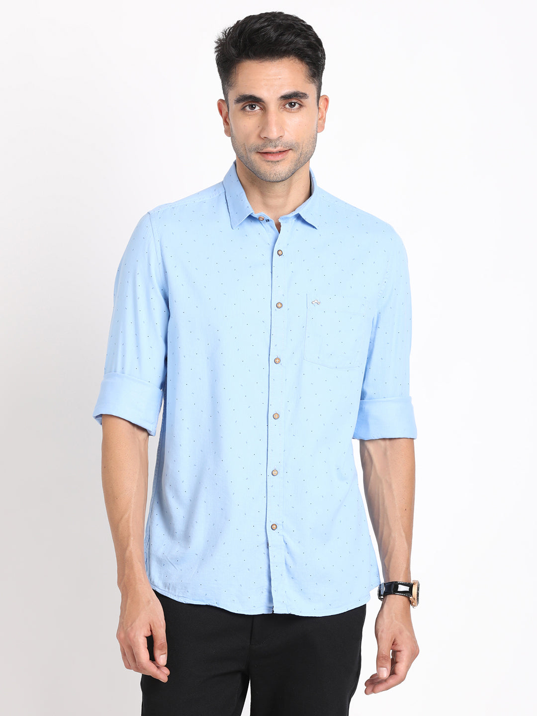 Cotton Tencel Sky Blue Printed Slim Fit Full Sleeve Casual Shirt