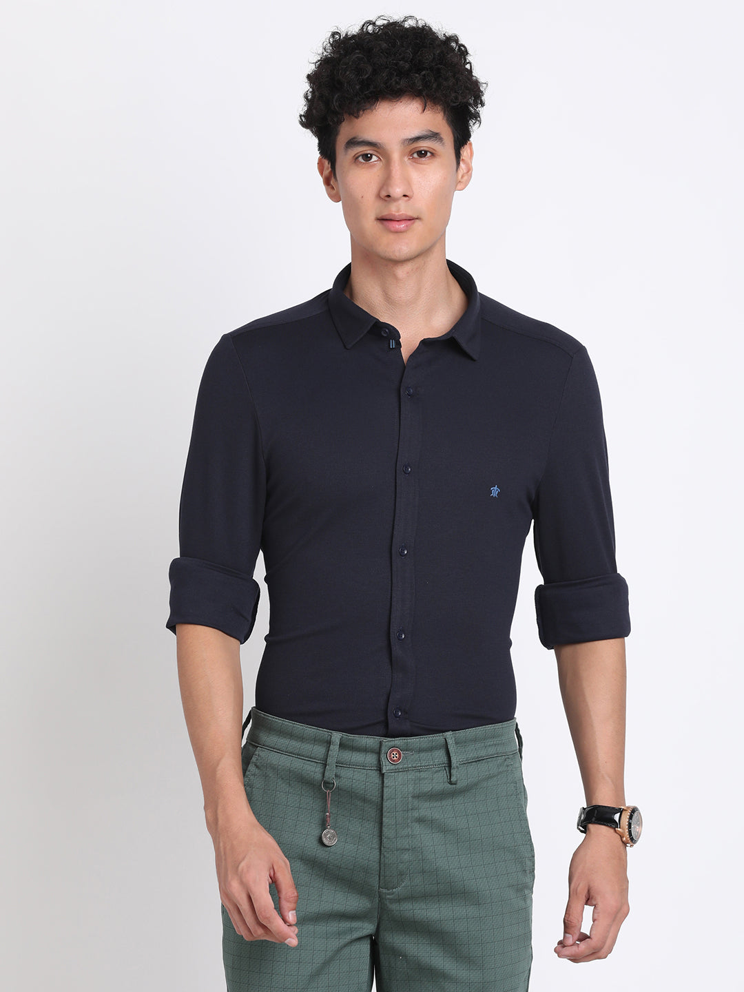 Knitted Navy Blue Printed Slim Fit Full Sleeve Casual Shirt