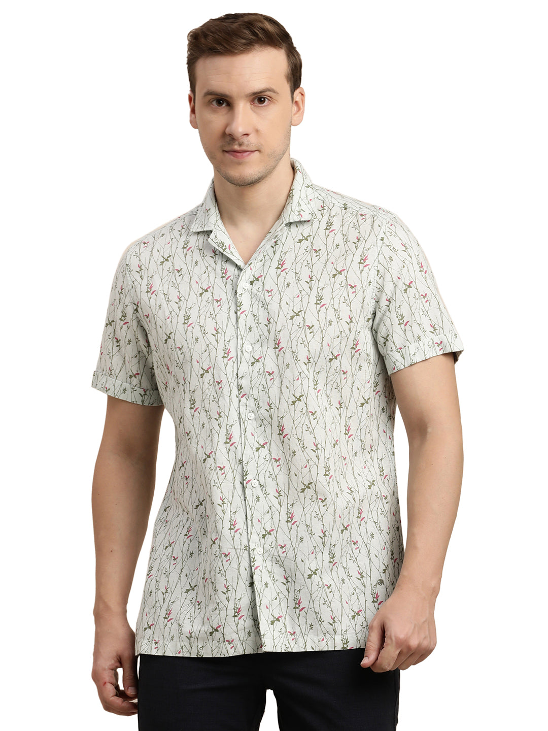 Cotton Linen Cream Printed Slim Fit Half Sleeve Casual Shirt