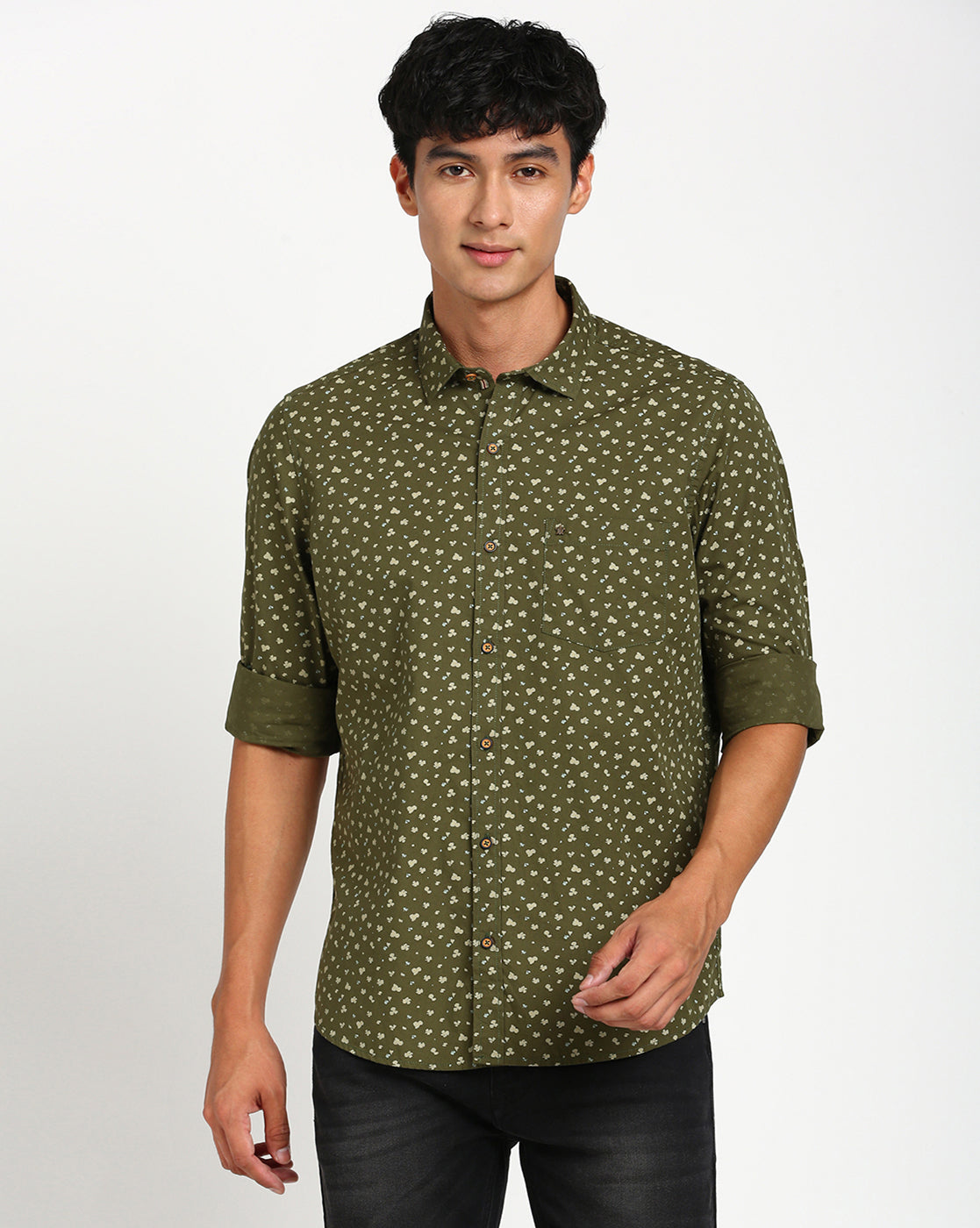 100% Cotton Olive Printed Slim Fit Full Sleeve Casual Shirt