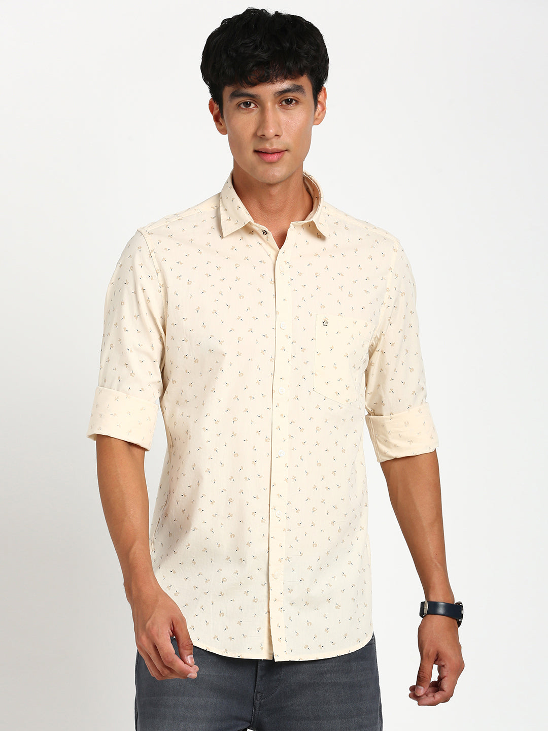 100% Cotton Beige Printed Slim Fit Full Sleeve Casual Shirt