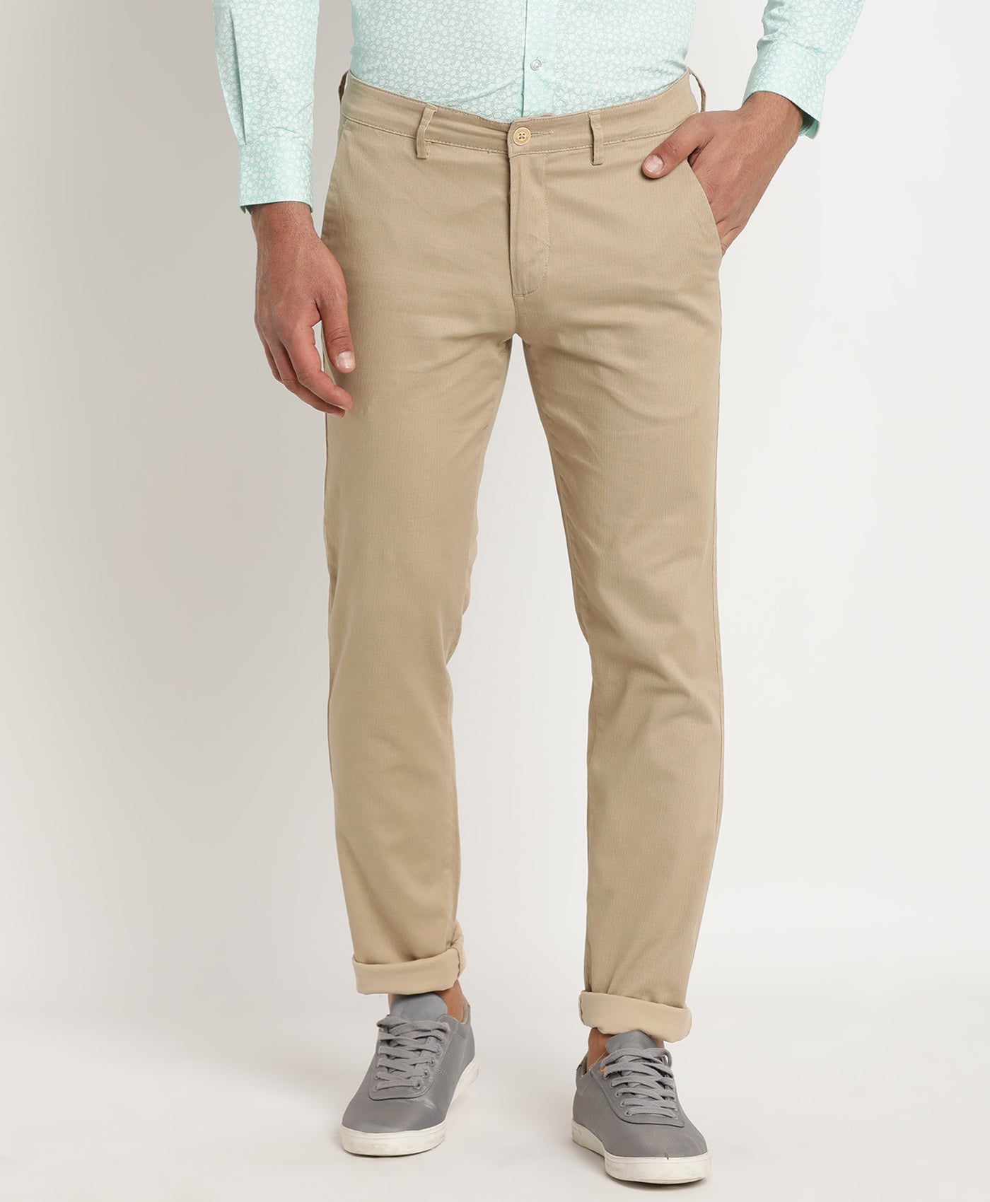 Cotton Stretch Beige Dobby Ultra Slim Fit Flat Front Casual Trouser