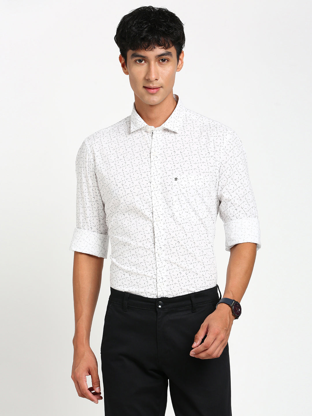 100% Cotton White Printed Slim Fit Full Sleeve Casual Shirt