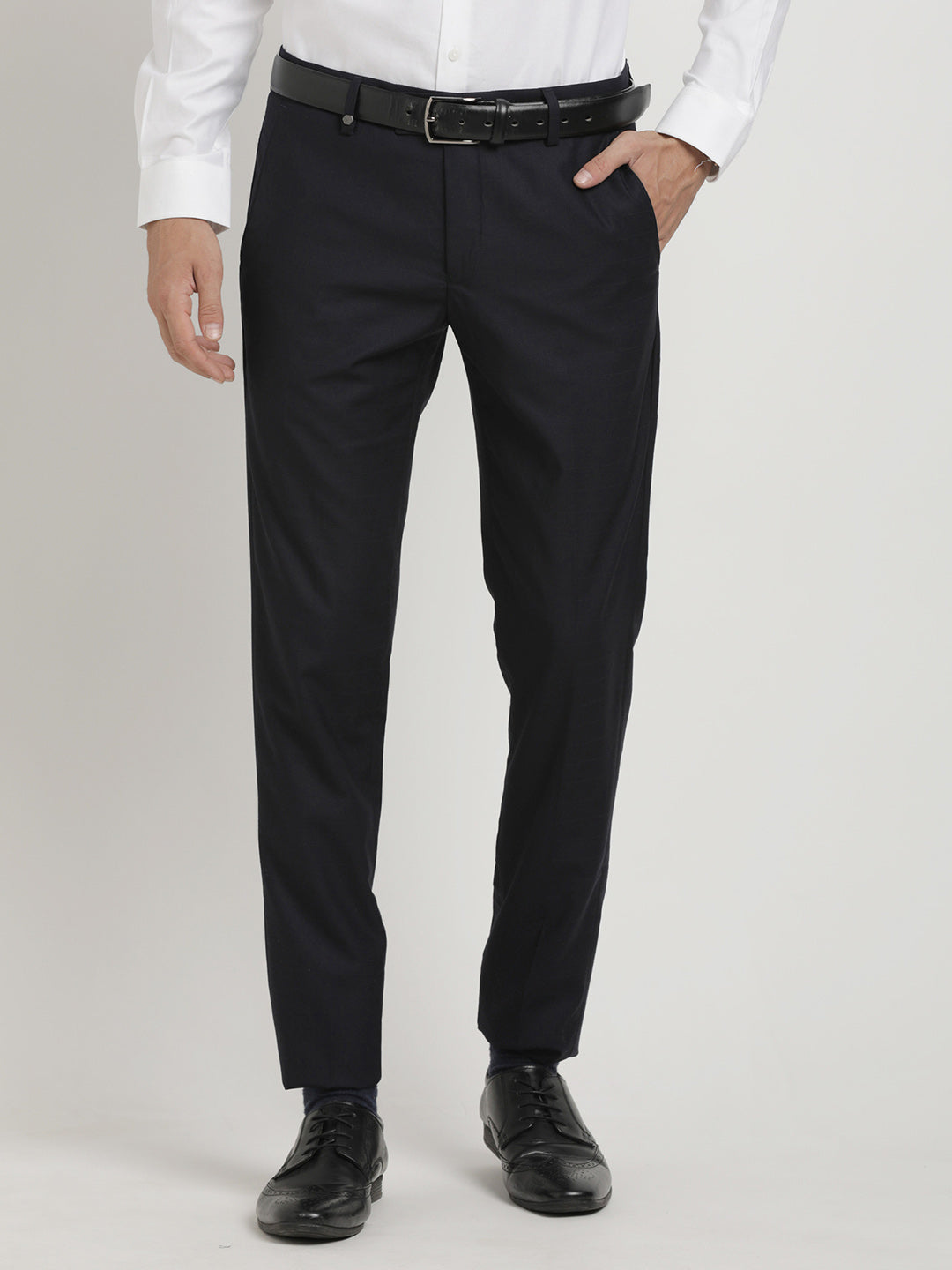 Navy Blue Checkered Ultra Slim Fit Flat Front Formal Trouser