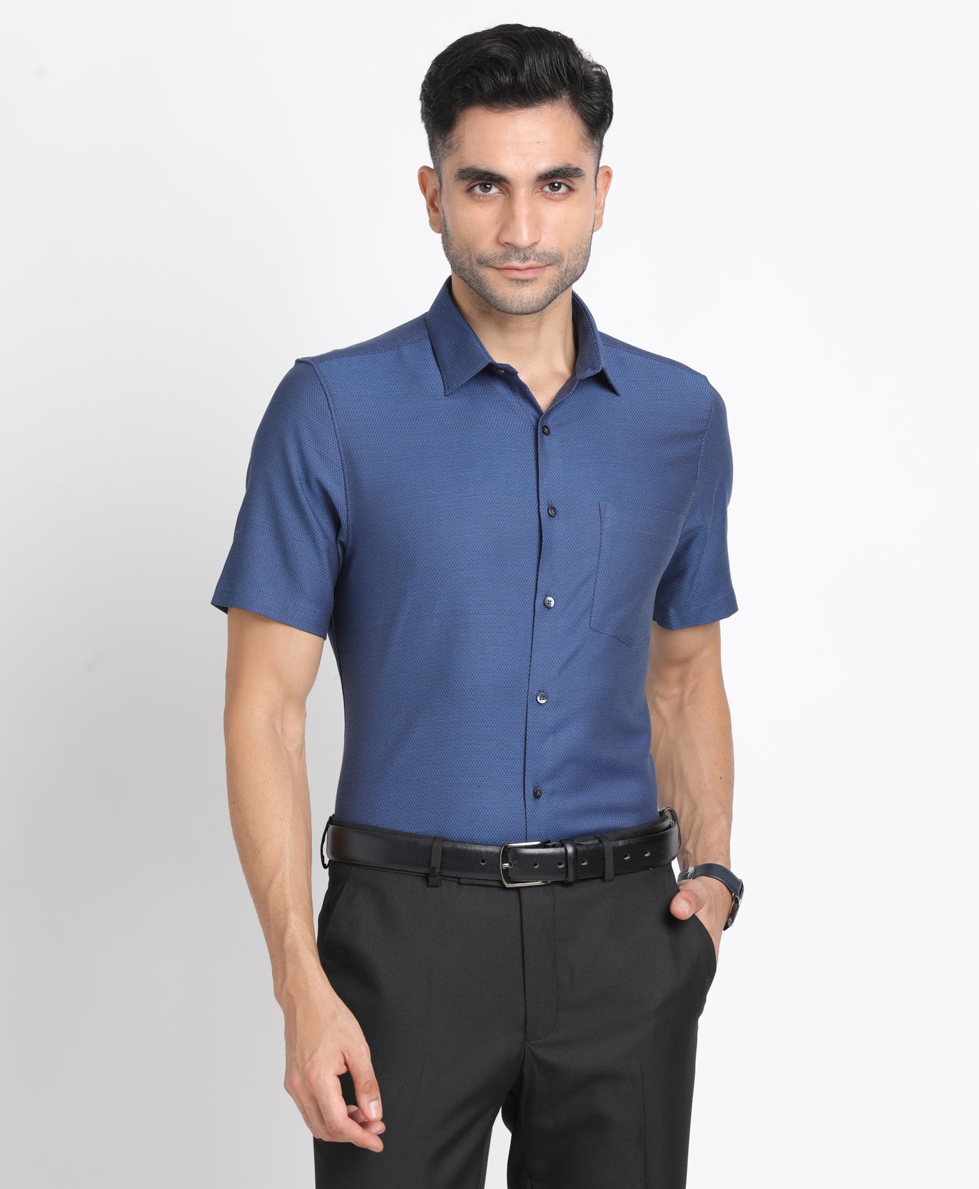 100% Cotton Blue Dobby Slim Fit Half Sleeve Formal Shirt