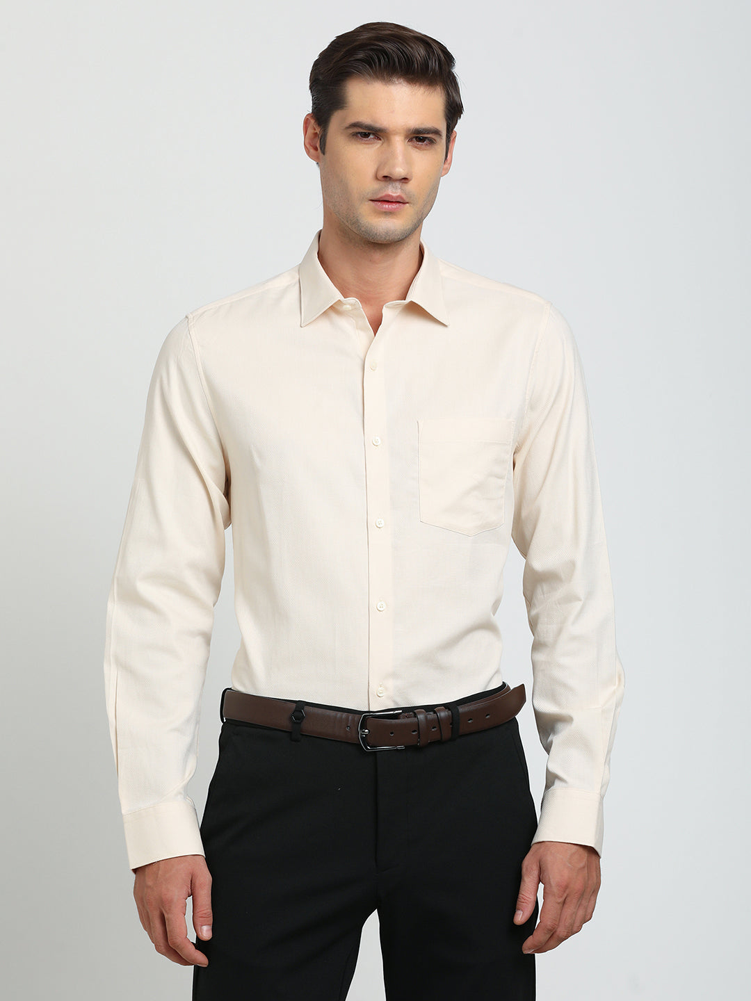 100% Cotton Peach Dobby Slim Fit Full Sleeve Formal Shirt