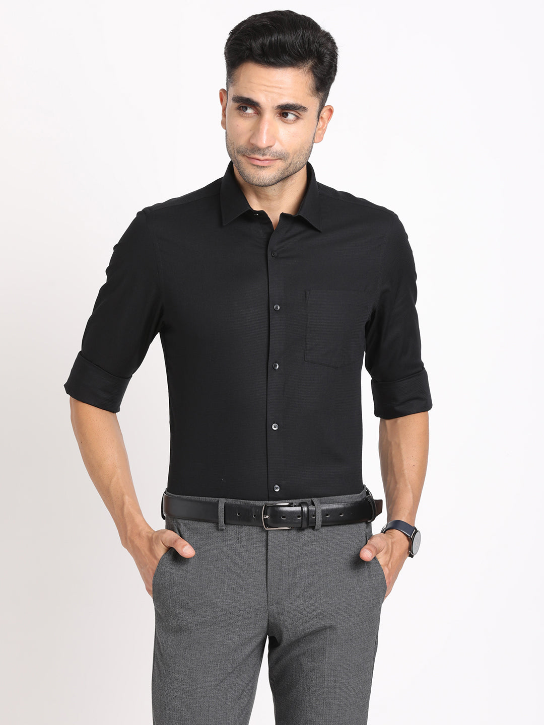 100% Cotton Black Dobby Slim Fit Full Sleeve Formal Shirt