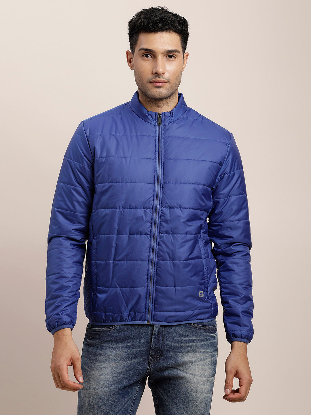 Nylon Solid Blue Zipper Windcheater Jacket