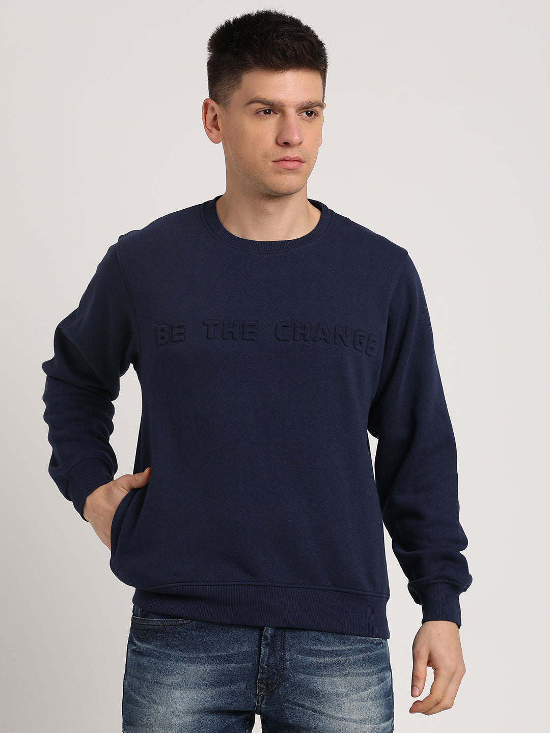 Cotton Navy Printed Regular Fit Full Sleeve Casual Sweatshirt